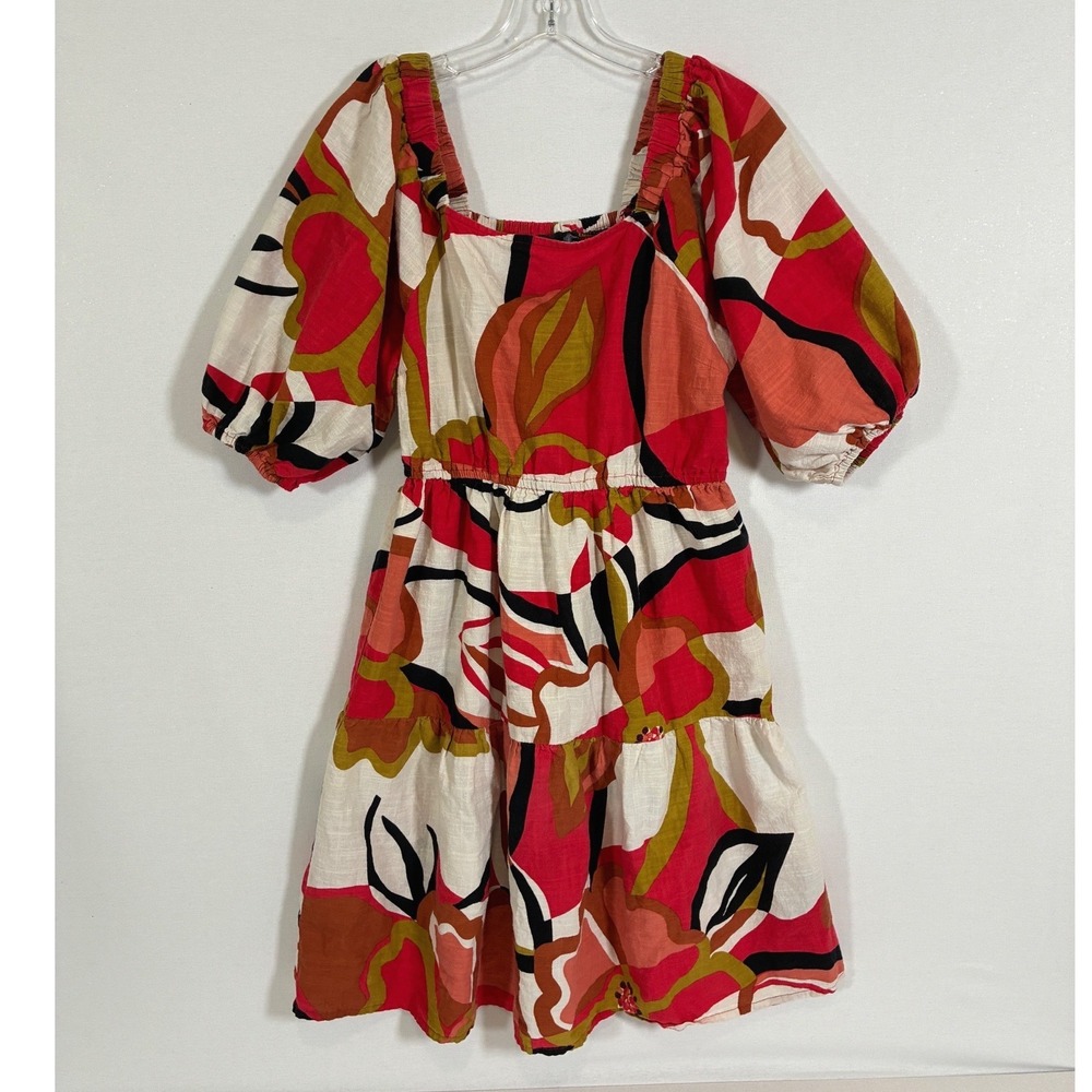 Mlle Gabrielle Womens S Red Abstract Floral Puff Sleeve Mini Dress Cotton